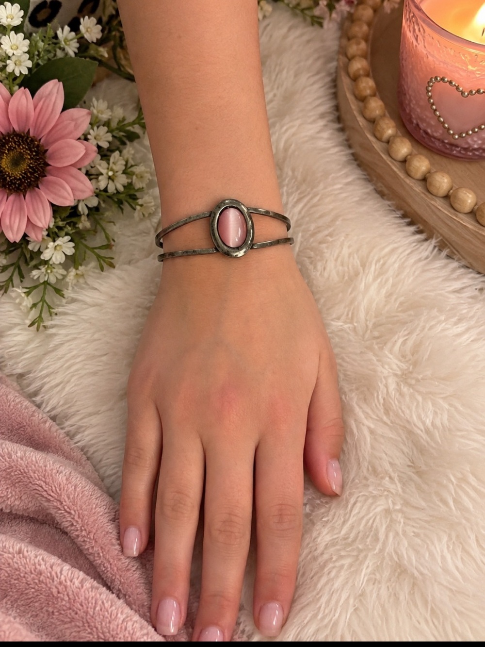 Silver-Tone Cuff Bracelet with Pink Oval Stone